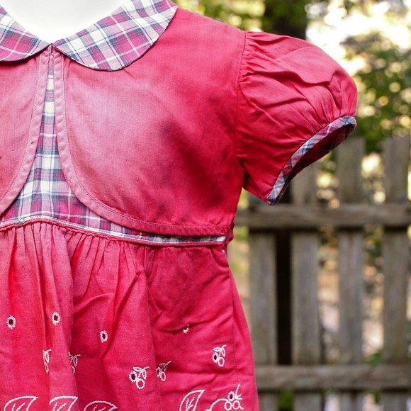 VTG 60's Girls Red Cotton & Plaid School Dress Size 12/18M Eyelet Floral Design - Picture 5 of 10